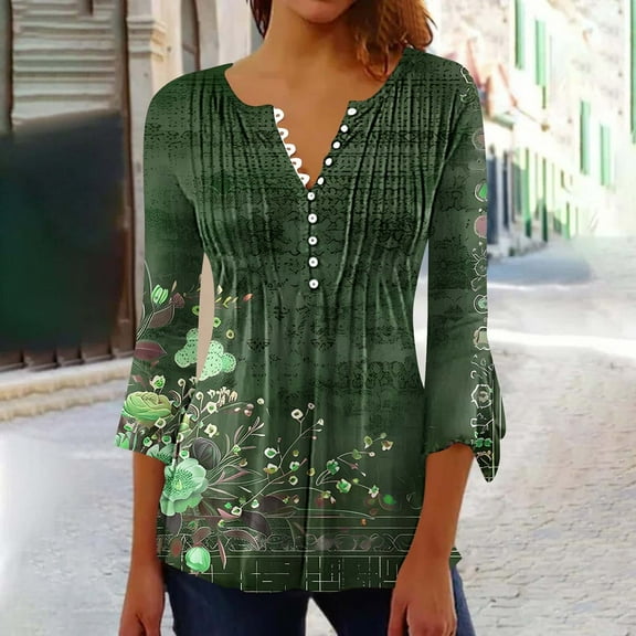 Wowcloth Women's V-Neck 3/4 Lace Sleeve Pleated Button Casual Print Blouse