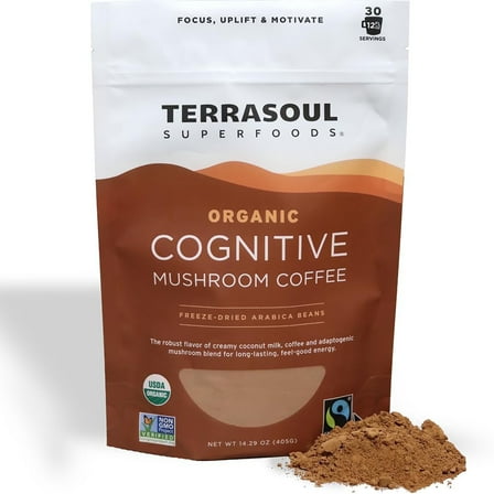 Terrasoul Superfoods Organic Cognitive Mushroom Coffee, 30 Servings, 14.29 Oz, Energize Your Morning and Boost Focus with Powerful Mushrooms
