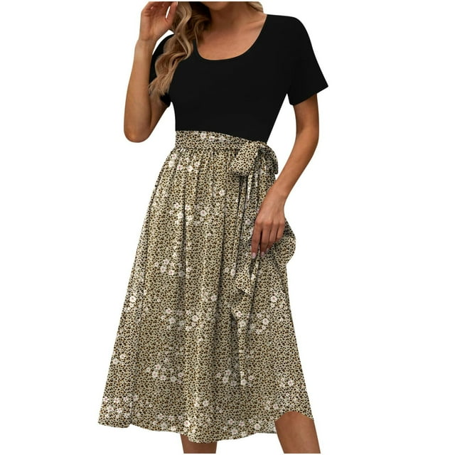 QIPOPIQ Robes Midi pour Femmes à Étages à Manches Courtes Imprimé Tendance Décontracté Robe d'Été à Col Rond Robe Patchwork Offres 2023