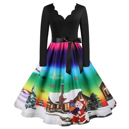 

MENRKOO Dresses for Women 2022 Christmas Women s Vintage Print Long Sleeve V Neck Colour Corset Christmas Evening Party Swing Big Hem Skirt Dress Multicolor S-