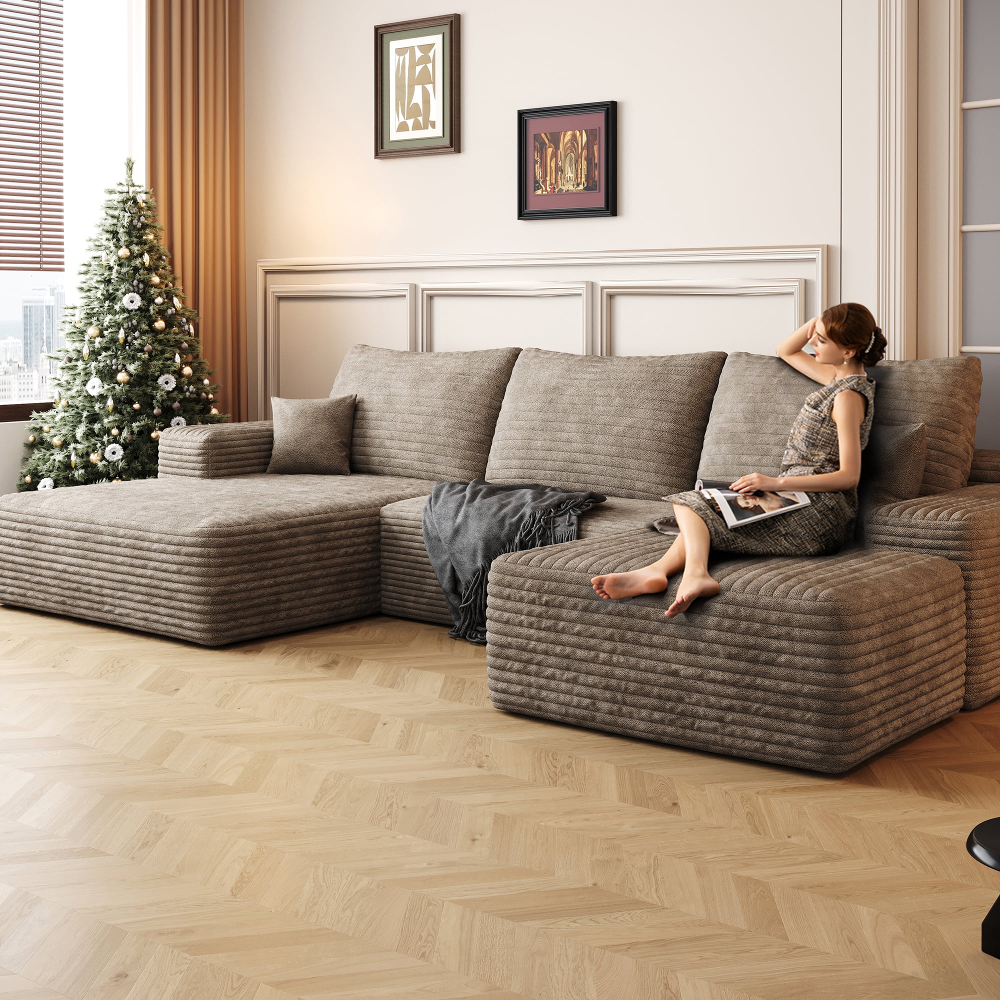 MAYEERTY 107" Camel Modern Modular Cloud Sectional - No Assembly, Comfort Warm Room