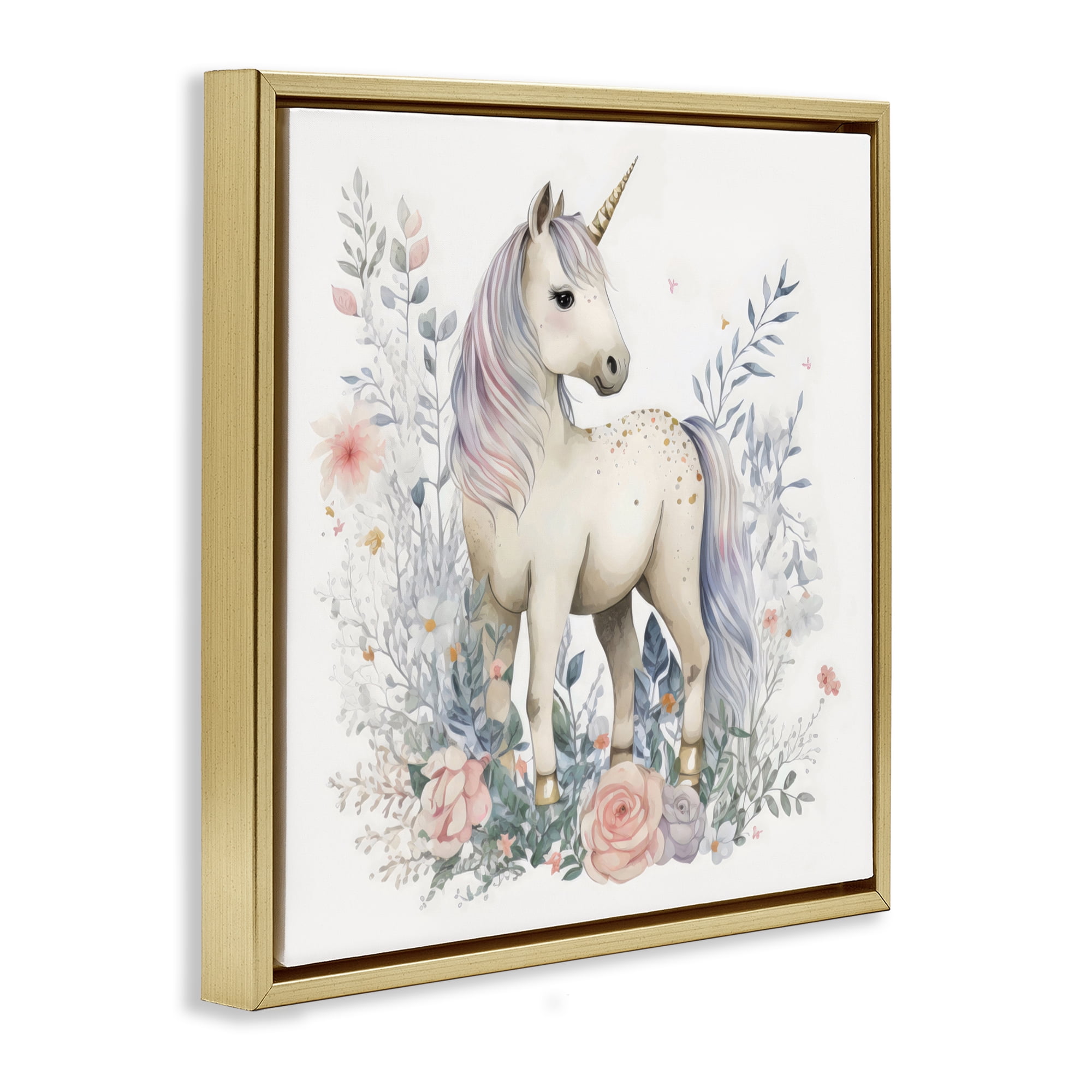 Stupell Industries Unicorn in Delicate Floral Forest Gold Framed Floater Canvas Wall Art, design by Creative Studio