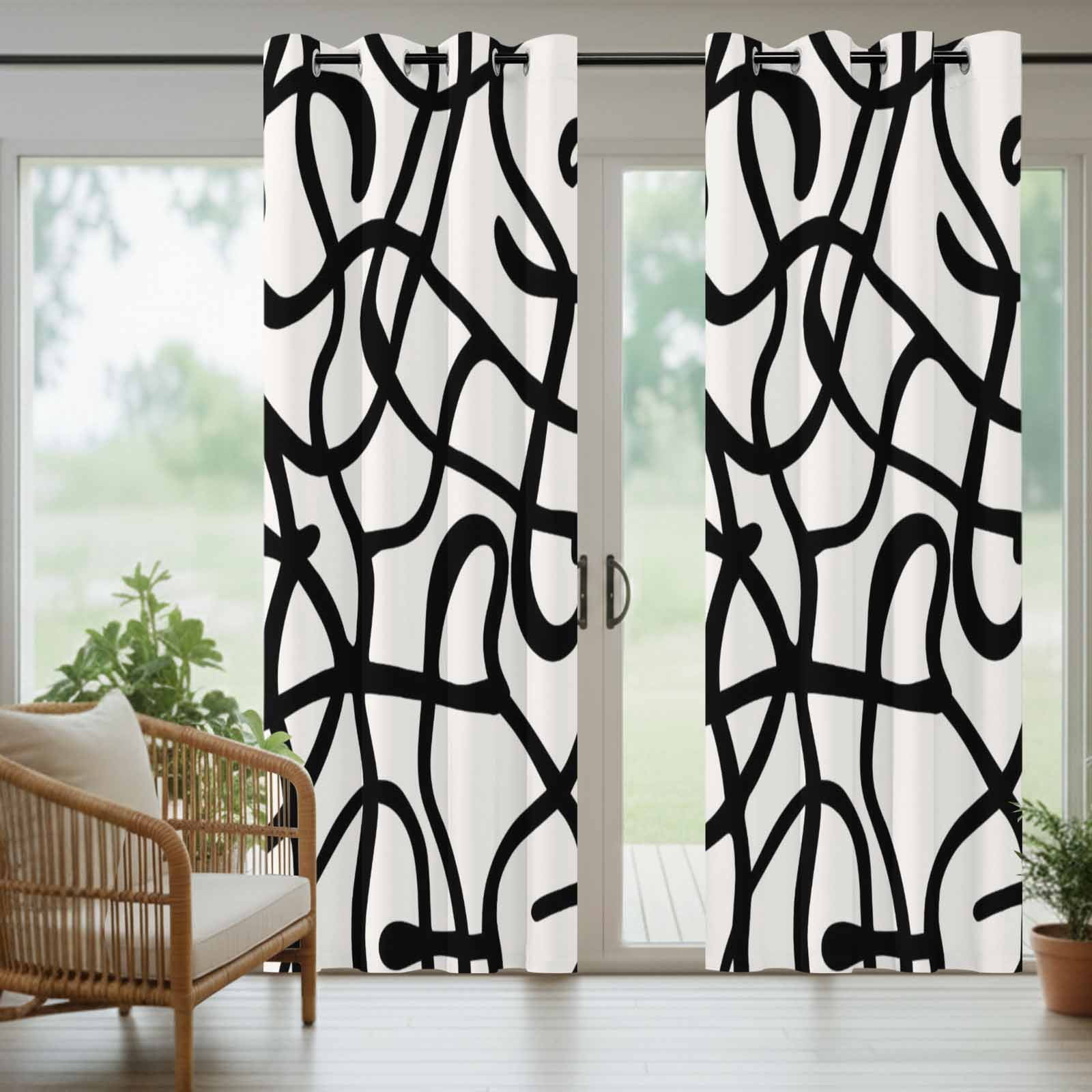 Abstract Line Outdoor Curtains for Patio, Retro Black Wave Line Art White Minimalist Sunshade Privacy Drapes Grommet Waterproof Outside Curtains for Porch/Cabana/Balcony 54"x 108", 1 Panel