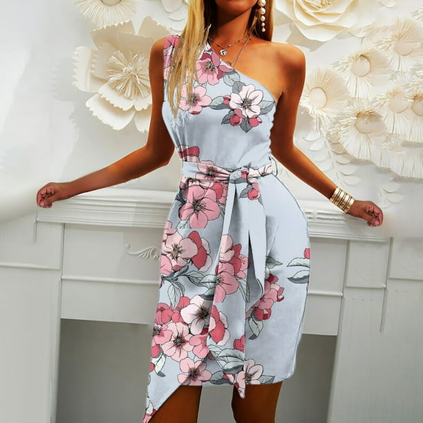 HKEJIAOI Sales Clearance Casual Dresses for Women Birthday Dress Fashion Women Summer Casual Floral Print One Shoulder Slim Fit Sleeveless Reunion Dress Purple Walmart