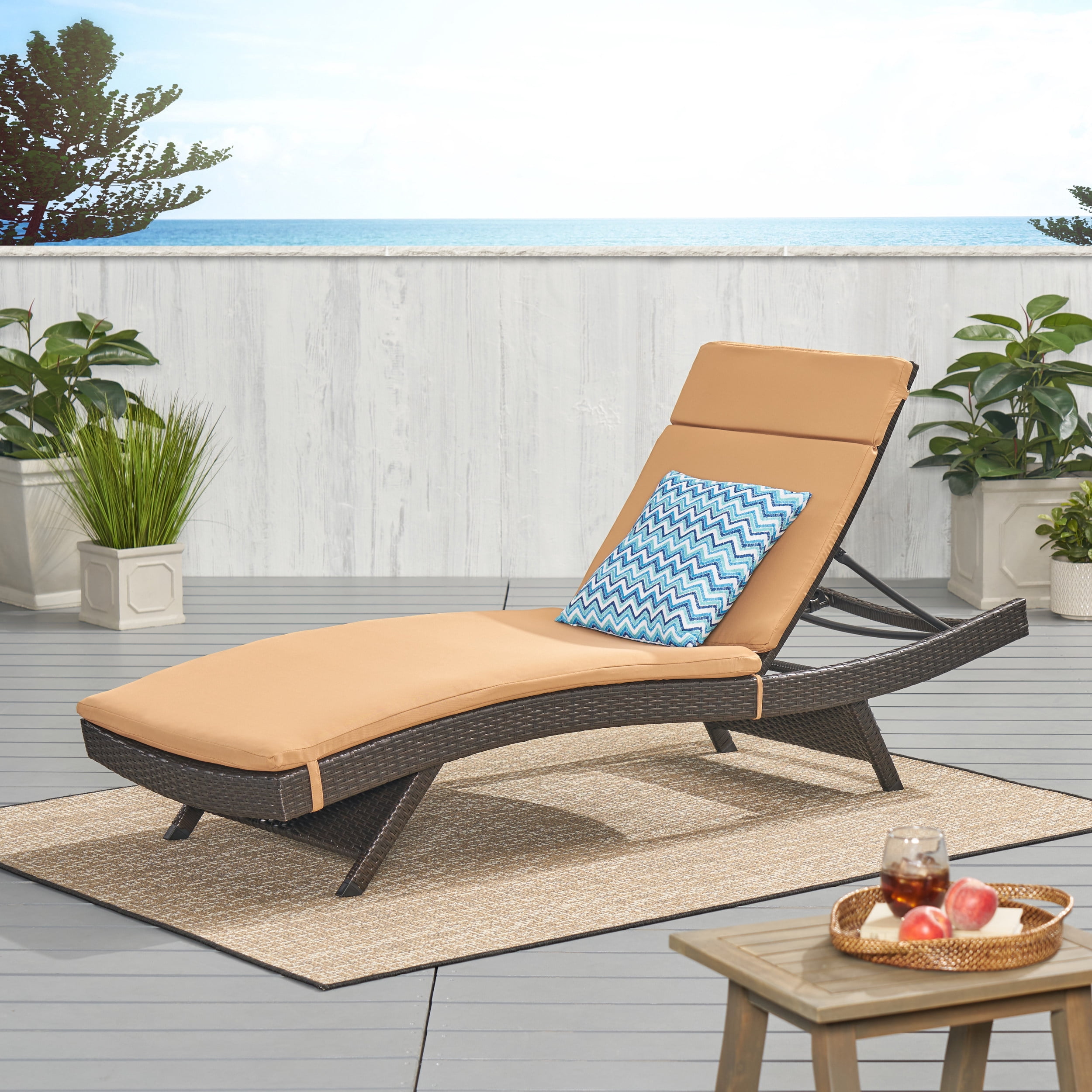 Outdoor Brown Wicker Adjustable Chaise Lounge with Caramel Cushion