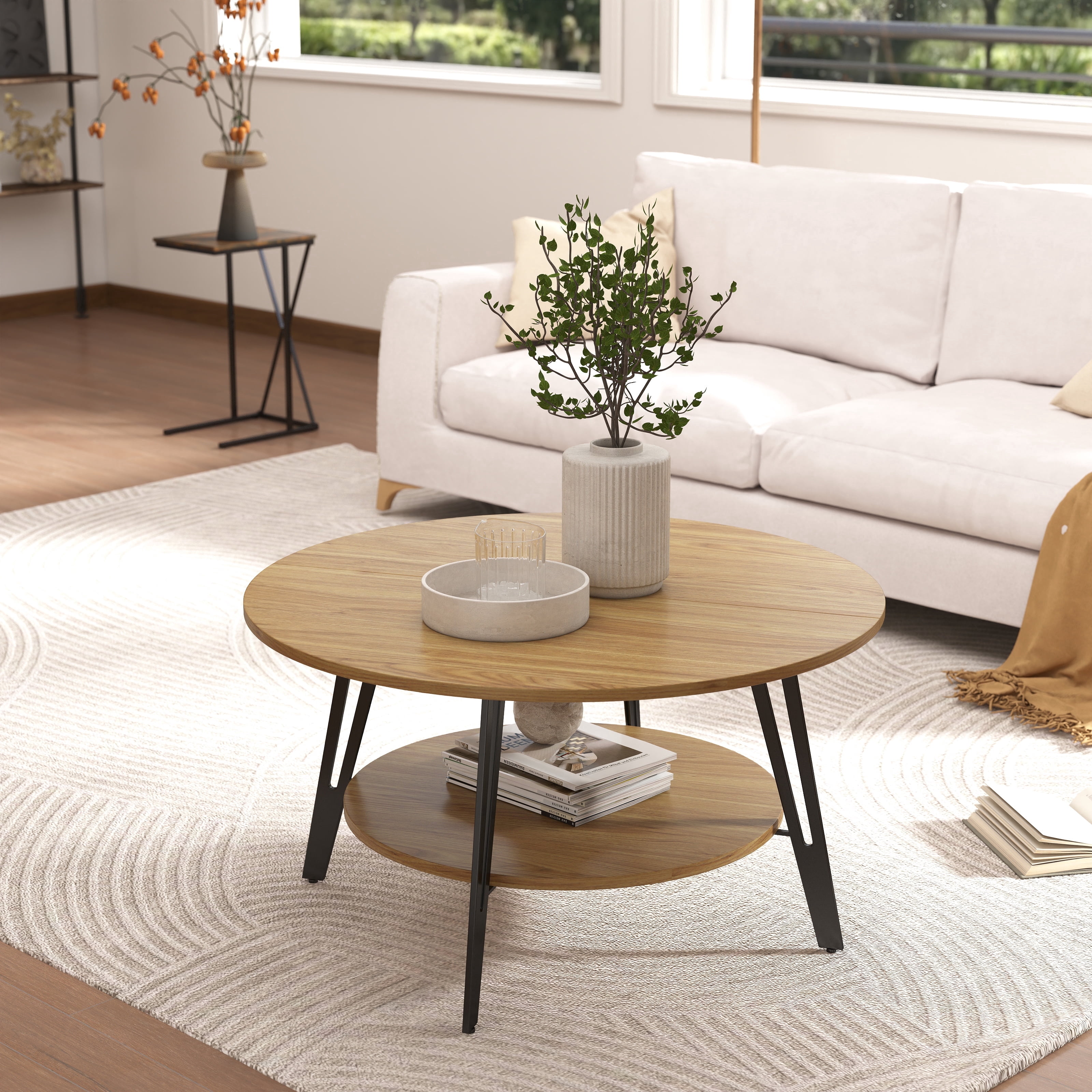 Manora Round Coffee Table with Storage 2-Tier Design, Vintage Coffee Table for Living Room, Natural