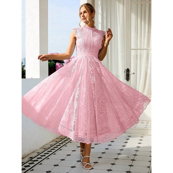 Elegant Pink Vintage Lace A-Line Midi Dress For Party Wedding Birthday Graduation
