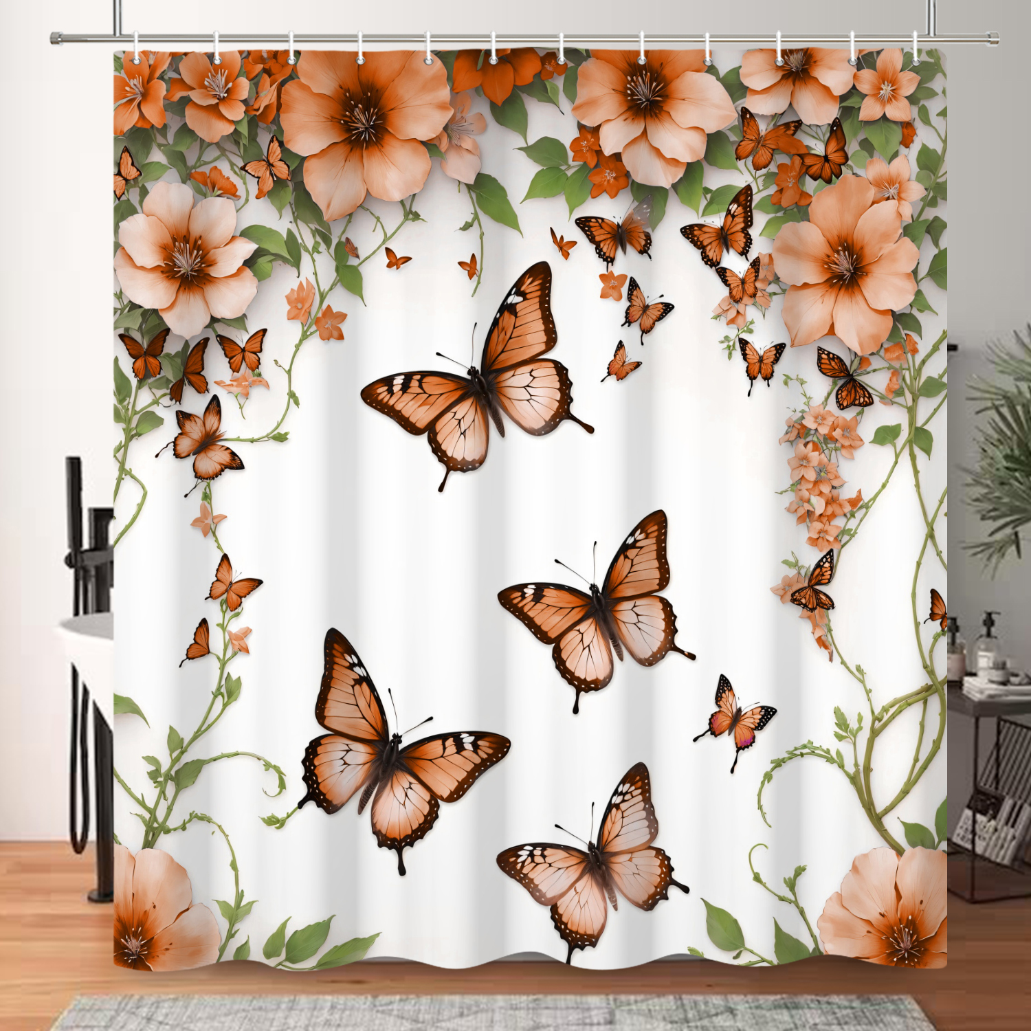 SUNOLIFE Butterfly Shower Curtain,Orange Spring Floral Fabric Bathroom Curtain with Hooks,47x64 in