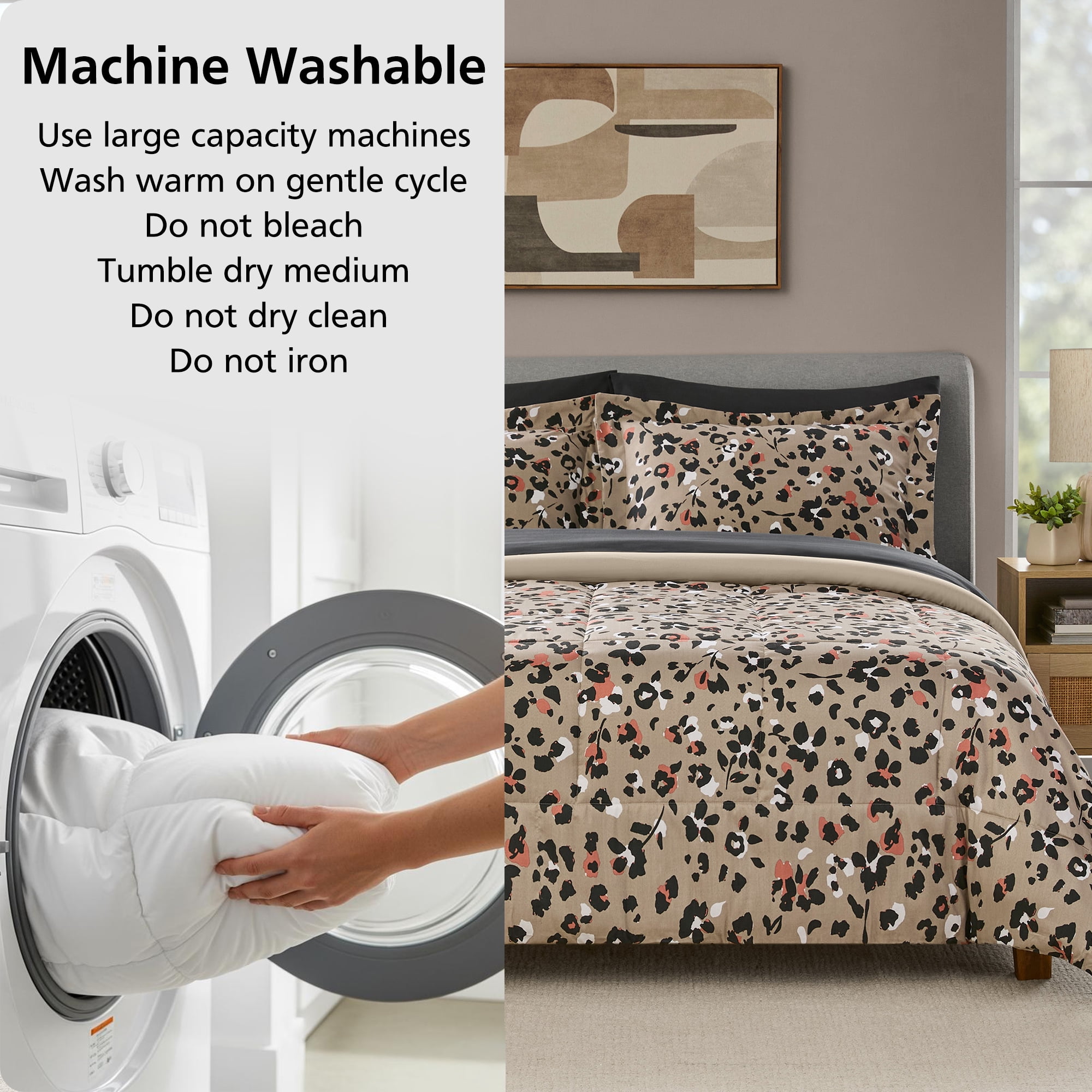 Mainstays 5-Piece Reversible Bed in a Bag Comforter Set with Sheets, Beige Animal Print