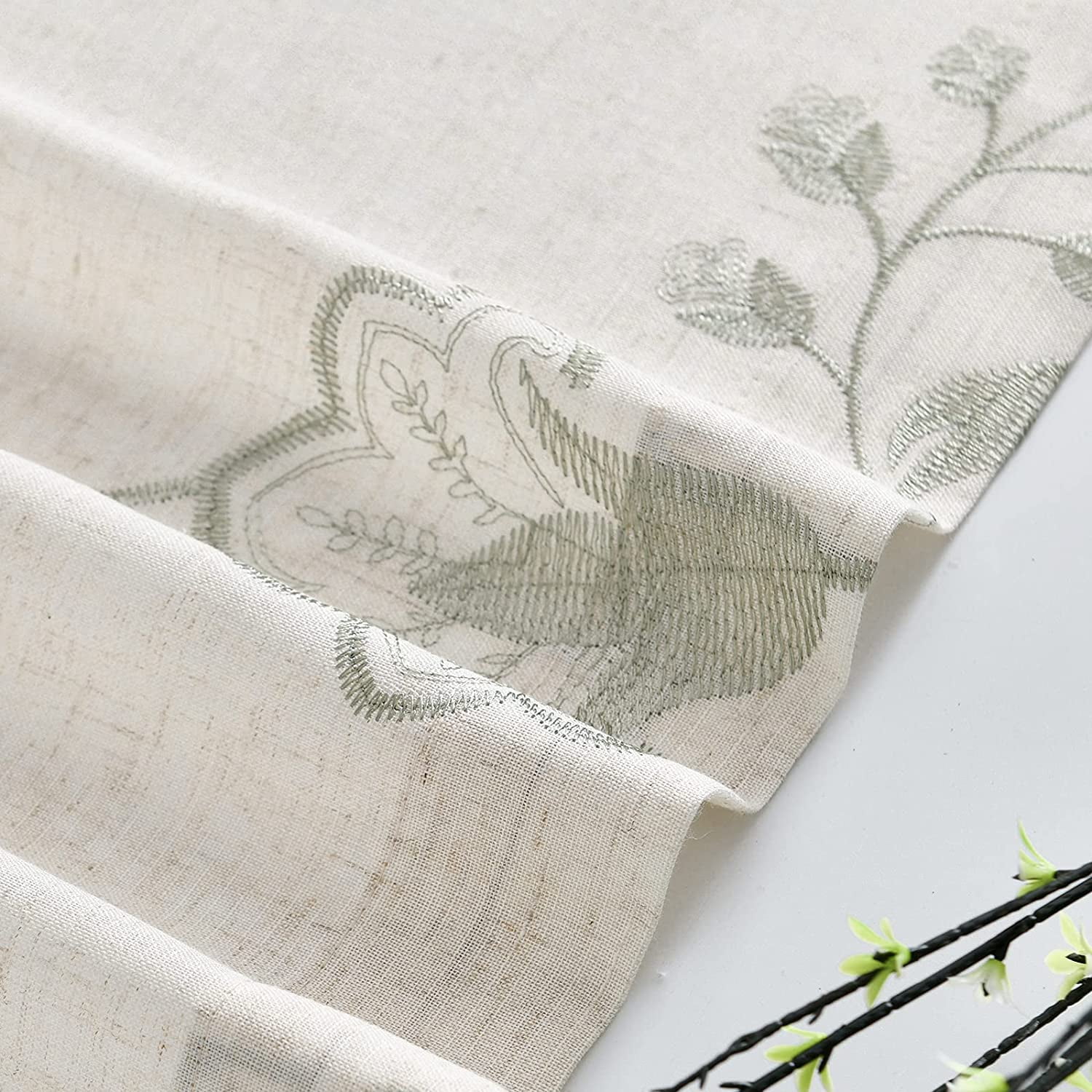 Curtainking Linen Curtains Floral Embroidery Grommet Curtains 50x84 inch for Bedroom 2 Panels Green