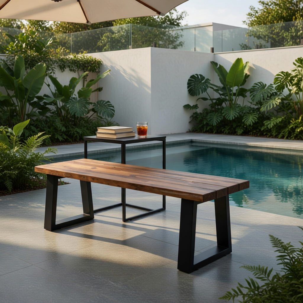 Hommoo Acacia Wood Outdoor Patio Bench, Sturdy Metal Legs, 57.5" Modern Dining & Garden Seating Chair for Deck, Backyard, or Balcony, Natural