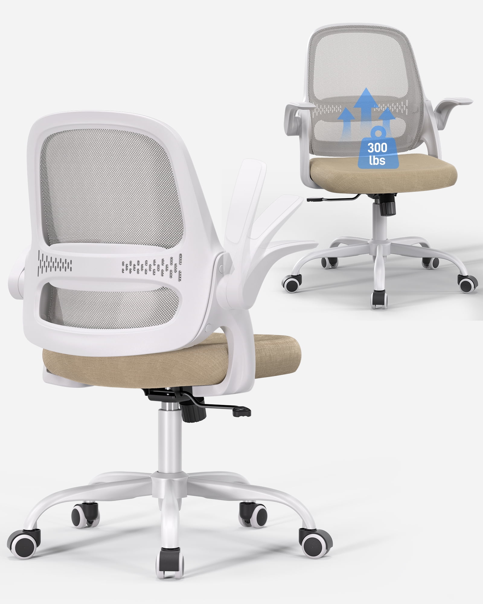 TMV Ergonomic Office Chair, Mesh Computer Chair with Wide Seat & Arms - Rolling Desk Chair with Wheels for Home Office, Gaming, or Living Room,Beige