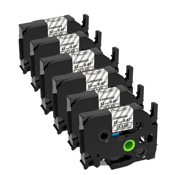 Cinta adhesiva MarkDomain TZe131, 12 mm x 8 m, negra sobre transparente, paquete de 6