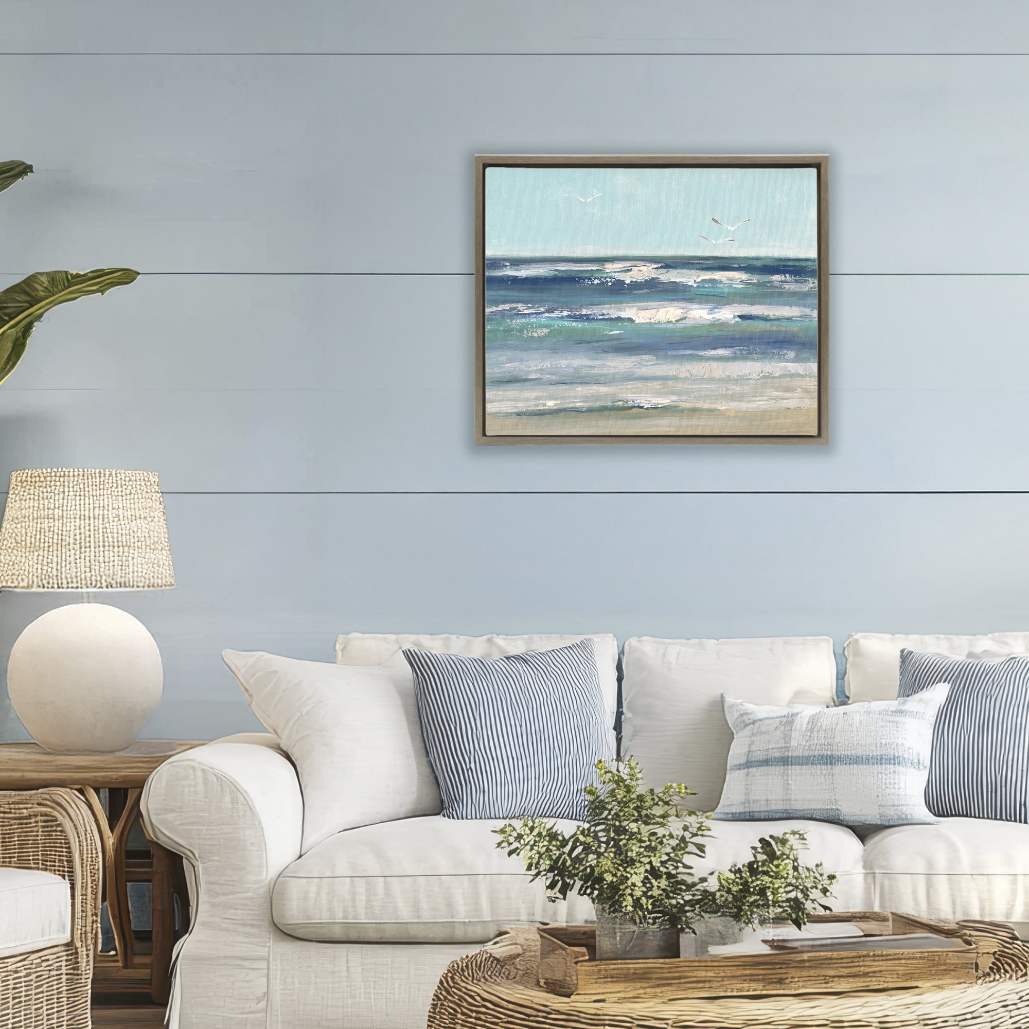 Stupell Industries Seagulls over Rolling Waves Brown Framed Floater Canvas Wall Art, design by Sally Swatland