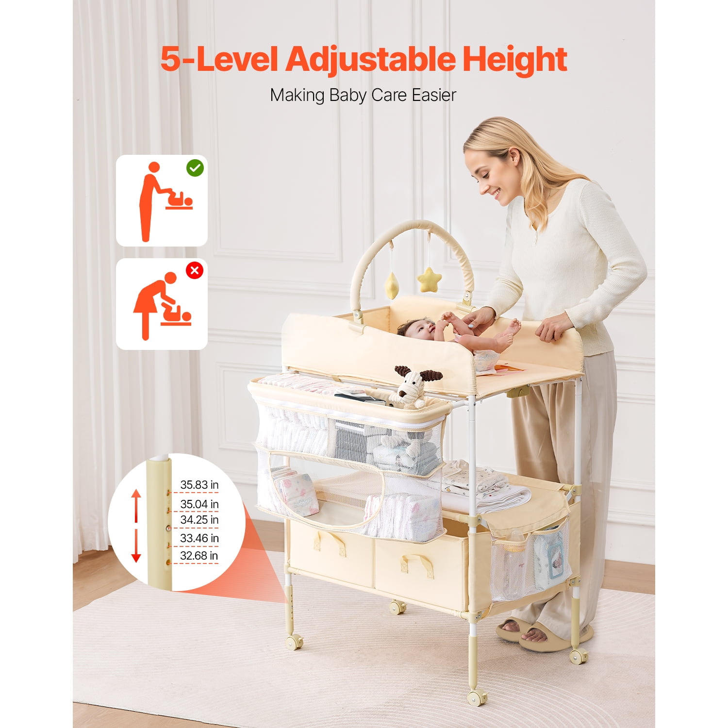 KFFKFF Foldable Baby Changing Table with Adjustable Height,30.00 x 29.53 x 39.57-42.52 in Light Beige