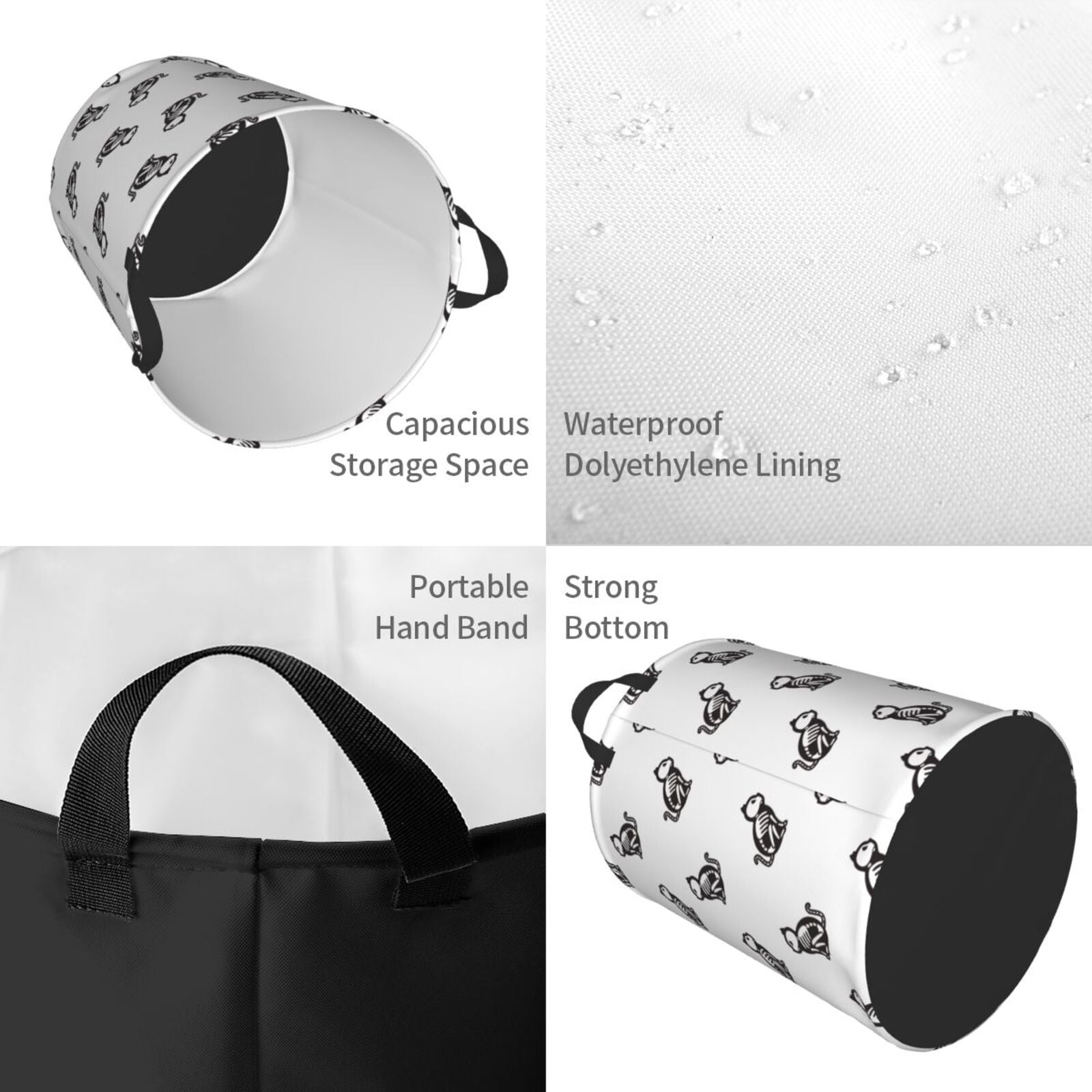 Large Laundry Basket with Handles - Black White Cartoon Cat Bones Kids Baby Dirty Clothes Laundry Hamper for Bedroom Aesthetic