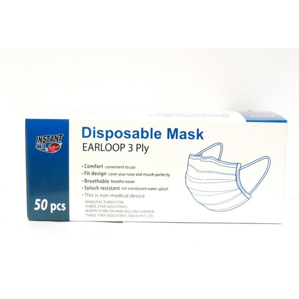 Masques Jetables avec Boucle d'Oreille (3 Plis) par Instant Aid NPN- MD-LIC-7484 (150 Masques) - 3 Paquets de 50 Masques par Pack