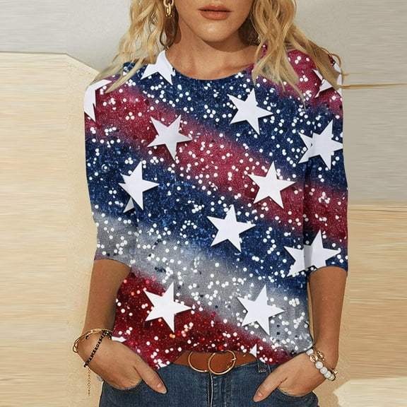 Feancey 3/4 Sleeve Womens Tunic Tops 4th of July USA Stars and Stripes Print T-Shirts Holiday Casual Plus Size Blouse Independence Day Patriotic Tee Summer Sale Multicolor L