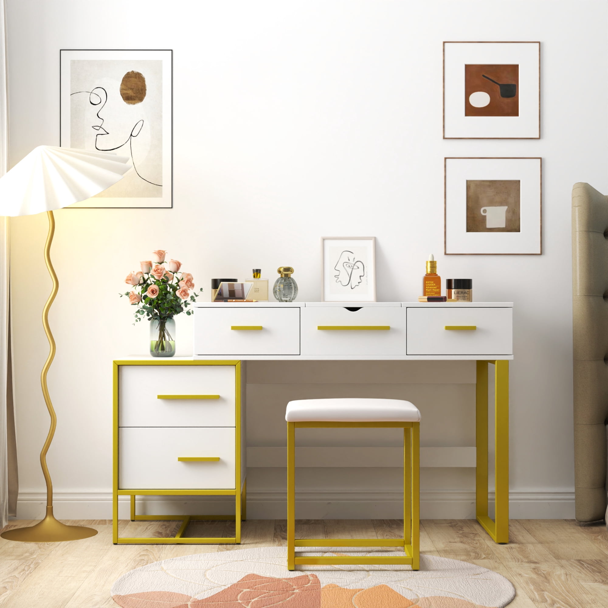 Makeup Vanity Set with Mirror , Dresser Table with Nightstand , with 4 Drawers