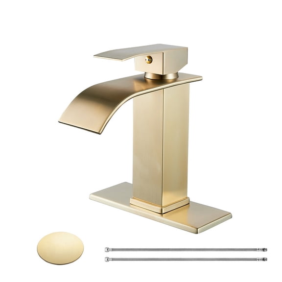 Waterfall Single Handle Single Hole Bathroom Faucet Sink Faucet with Drain Kit in Brushed Gold