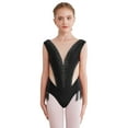 thumbnail image 2 of HULIJA Kids Girls Shiny Rhinestone Mesh Splice Gymnastics Dance Leotard Tassel Bodysuit Ice Skating Black 10, 2 of 7