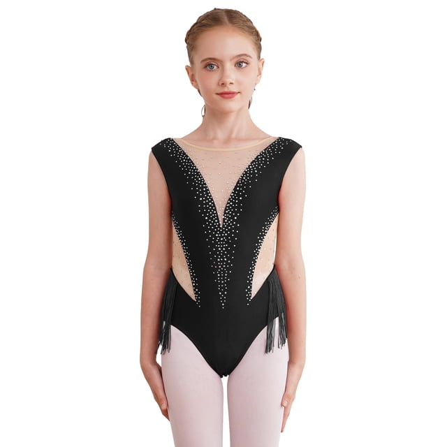 Raenseen Robe de Danse Latine Sans Manches pour Fille avec Strass et Franges, Noir 16