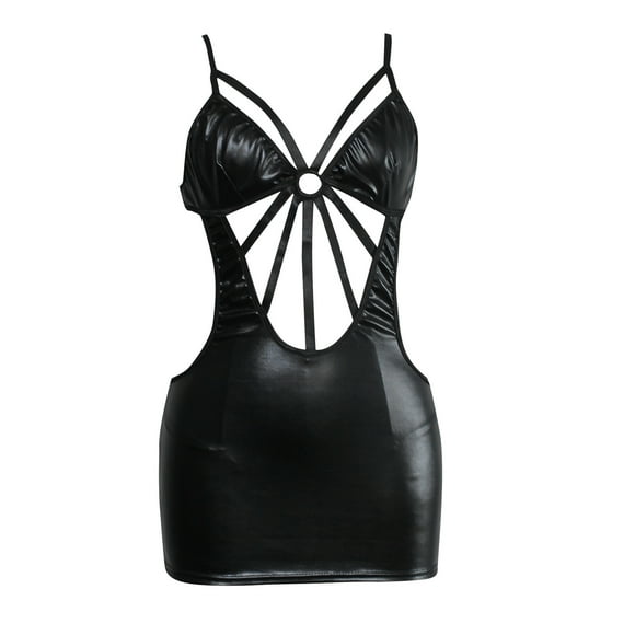 Intimates Womens Wet Look Underwear Leather Bodysuit Mesh Patchwork Halter Neck High Cut Leotard Bodysuit Clubwear