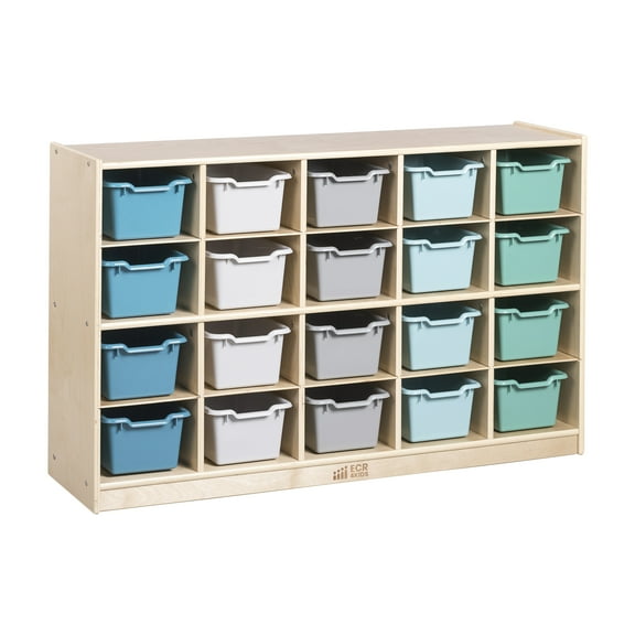 ECR4Kids 20 Cubby Mobile Tray Cabinet and 20 Scoop Front Storage Bins, 4x5, Kids Furniture, Natural
