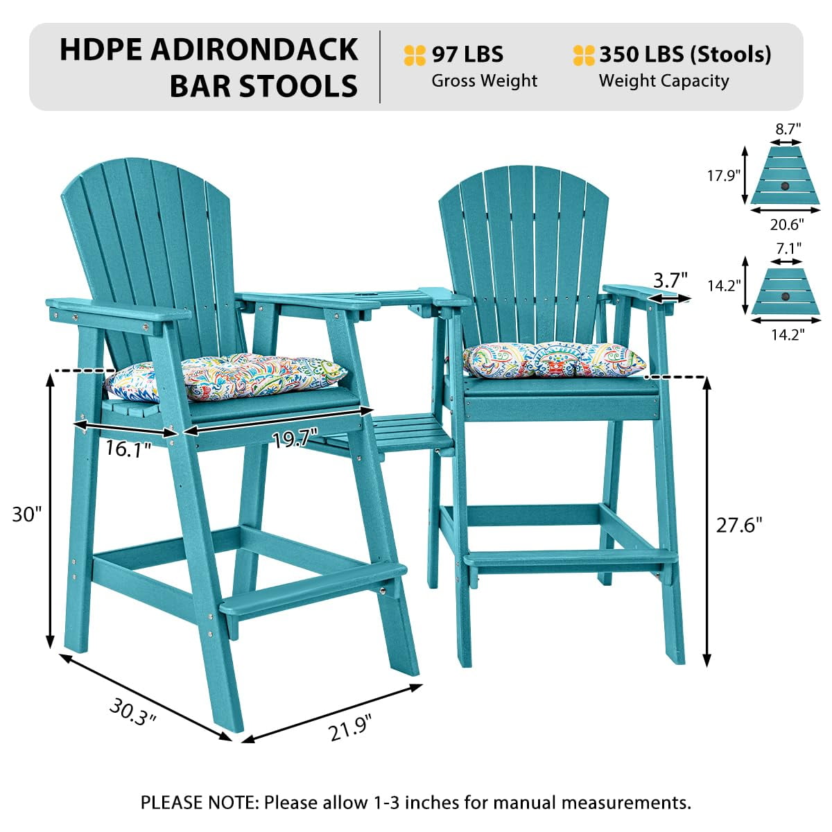 Tall Adirondack Chairs Set of 2 with Table, Patio HDPE Bar Set, 3 PCS Counter Height Dining Bistro Set, Pub Table with Stools, 2 Umbrella Hole Caps, Teal