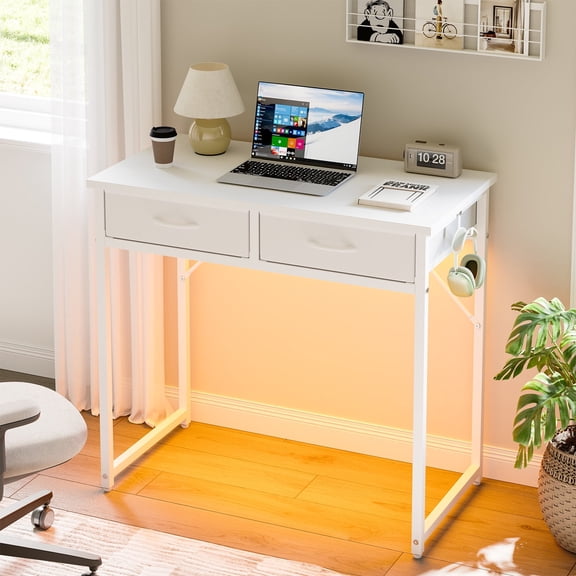 Pinmoco Writing Desk with 2 Fabric Drawers& Hanging Hook, 32 Inch Computer Desk Study Table Vanity Desk for Small Spaces, Home Office, White