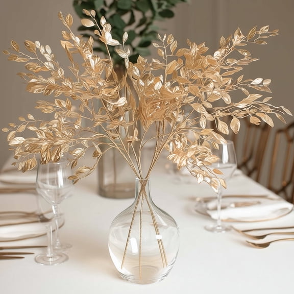 Efavormart 4 Pack Gold Metallic Artificial Leaf Stems 33” – Italian Ruscus Branches Plastic Greenery for Floral Arrangements & Centerpieces
