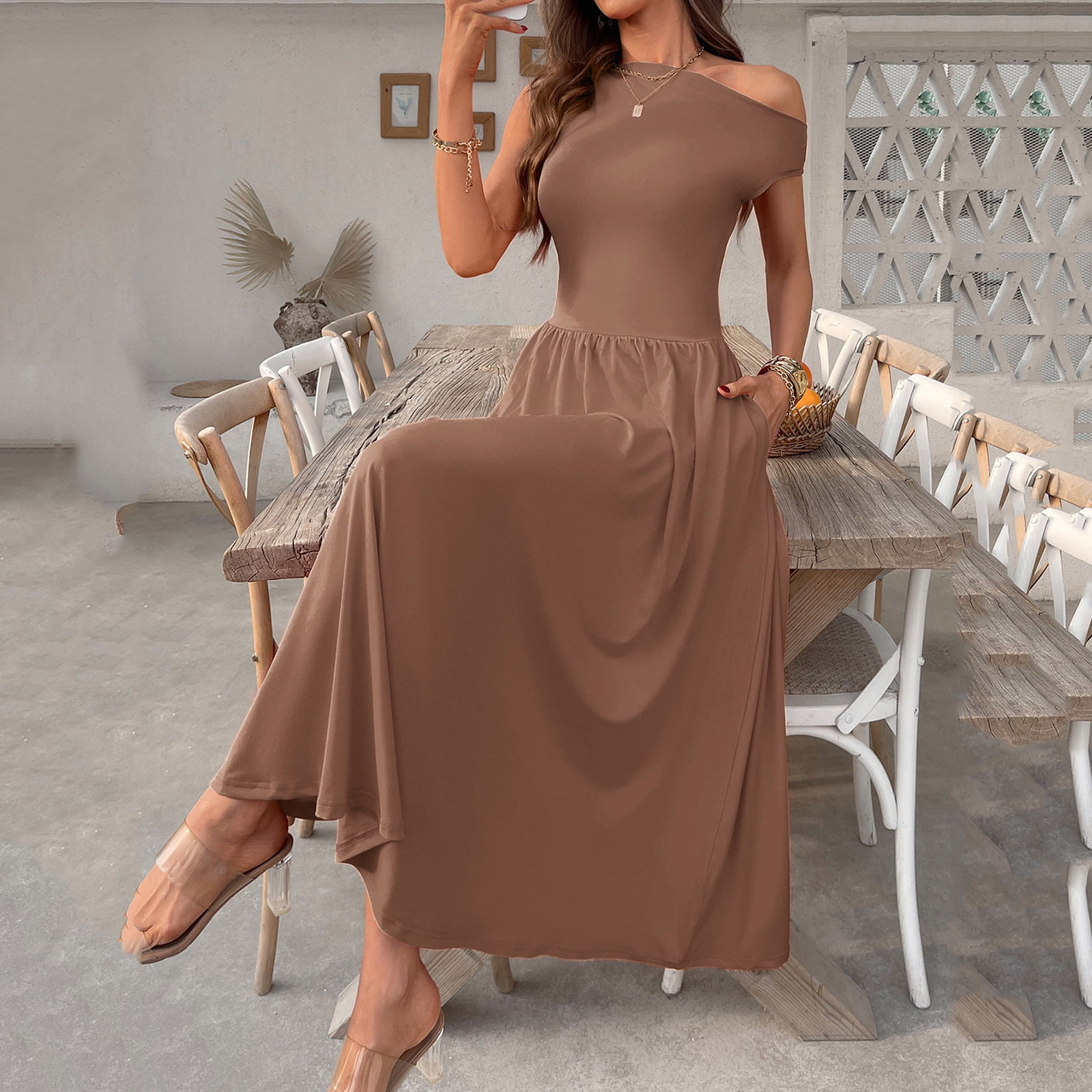 SMihono Stylish Women's Fashion Collared Summer Long Dresses Pleated Flowing Hem Loose Maxi Dress Elegant Beach Clothes Coffee XL