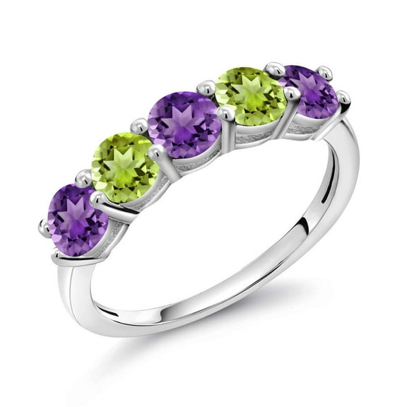 Gem Stone King 0.89 Cttw Purple Amethyst and Green Peridot 5-Stone Wedding Band Ring for Women | 925 Sterling Silver | Round 3.5MM | Wedding Engagement Anniversary Promise Ring | Size 7