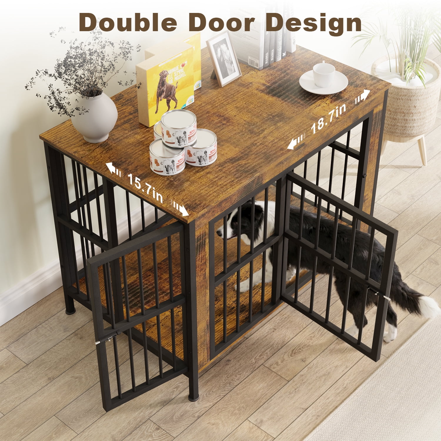 TIME RAY 39 Inch Dog Crate Furniture for Large Dog,Wood Dog Kennel Furniture Indoor with Removable Divider,Dog Cage Furniture as TV Stand,Brown