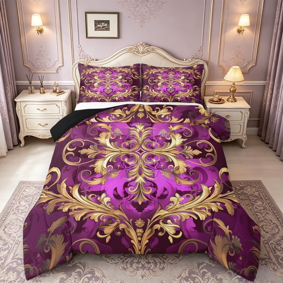 Manfei Retro Damask Print Bedding Comforter Set,Vintage Baroque Flower Twin Comforter Sets,Gold Purple Bedding Set For Men Women,Super Cozy Room Decor Reversible,2-Piece