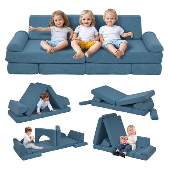Qaba 12 Pcs Kids Modular Couch, Toddlers Couch Child Sectional Sofa, Playroom Bedroom Furniture for Boys and Girls, Blue