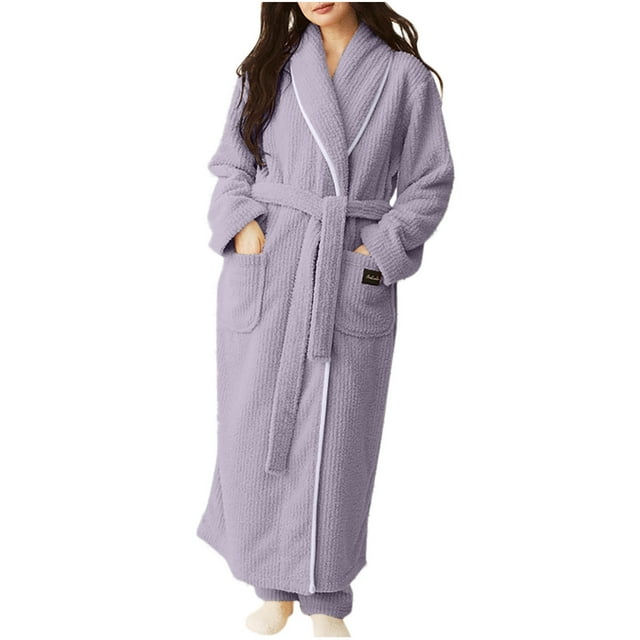 WRKEKC Womens Robe Long Sleeve Striped Pocket Coral Fleece Long Bathrobe for Women Loungewear Extended Length Sleep Robe Homewear