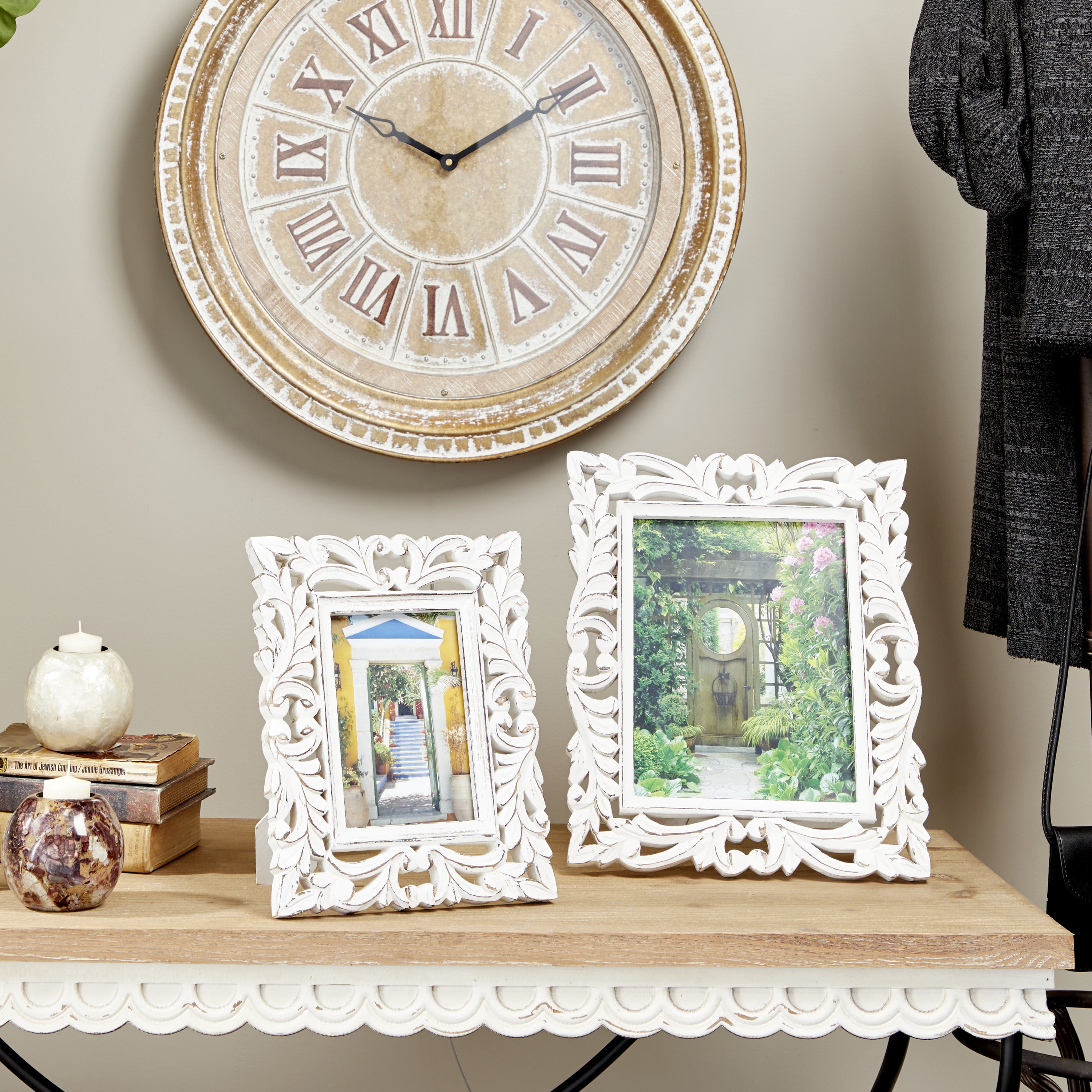 DecMode 5" x 7" Handmade Intricate Carved White Scroll Photo Frame
