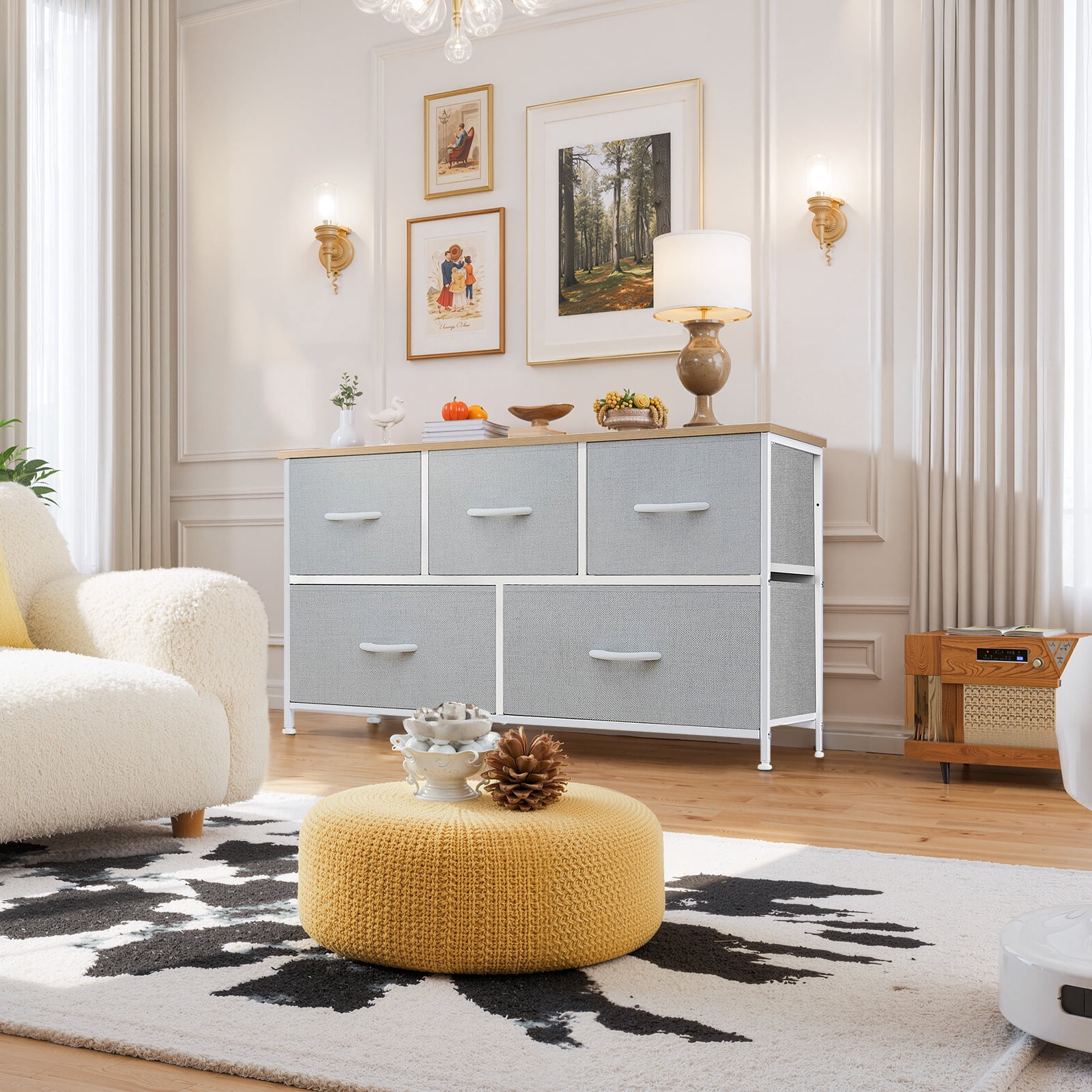 Dresser, Betcozy Storage Organizer with 5 Drawers for Bedroom, Chest of Drawers with Fabric Bins, Sturdy Metal Frame, Wood Tabletop, Light Gray
