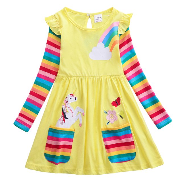 AAMILIFE Unicorn Robe d'Automne à Manches Longues pour Filles Nouvelle Robe en Coton Brodée pour Enfants Robe à Fleurs Col Rond