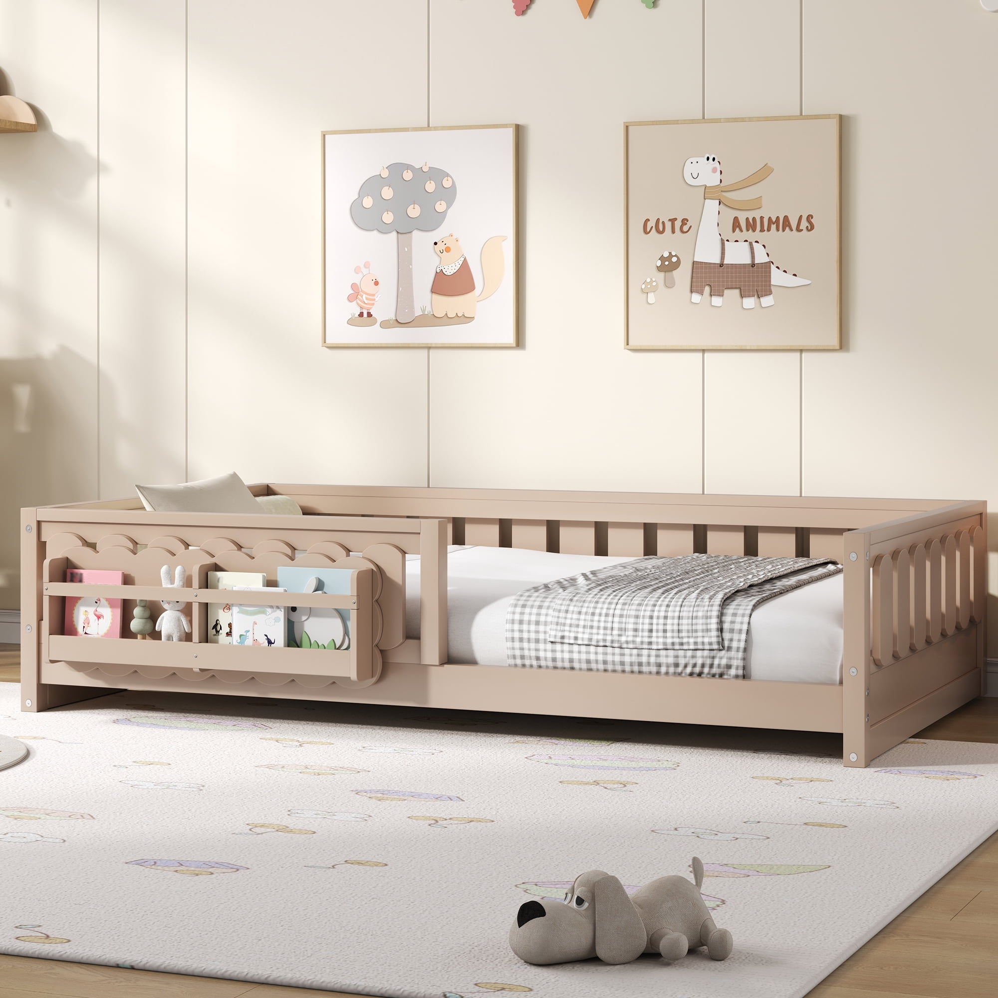 Euroco Wood Twin Size Platform Bed with Shelves, Floor Bed with Guardrails, Natural