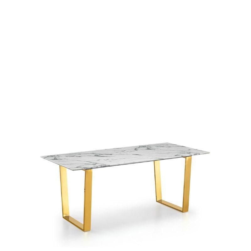 Table à manger rectangulaire en marbre avec base en acier inoxydable poli doré, design moderne