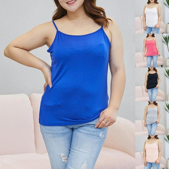Xunlbb Tank Top for Women Solid Color Plus Size Camisole Thin Increased Elasticity Base Shirt Round Neck Camisole Top Sleeveless Tops for Women 2XL-5XL