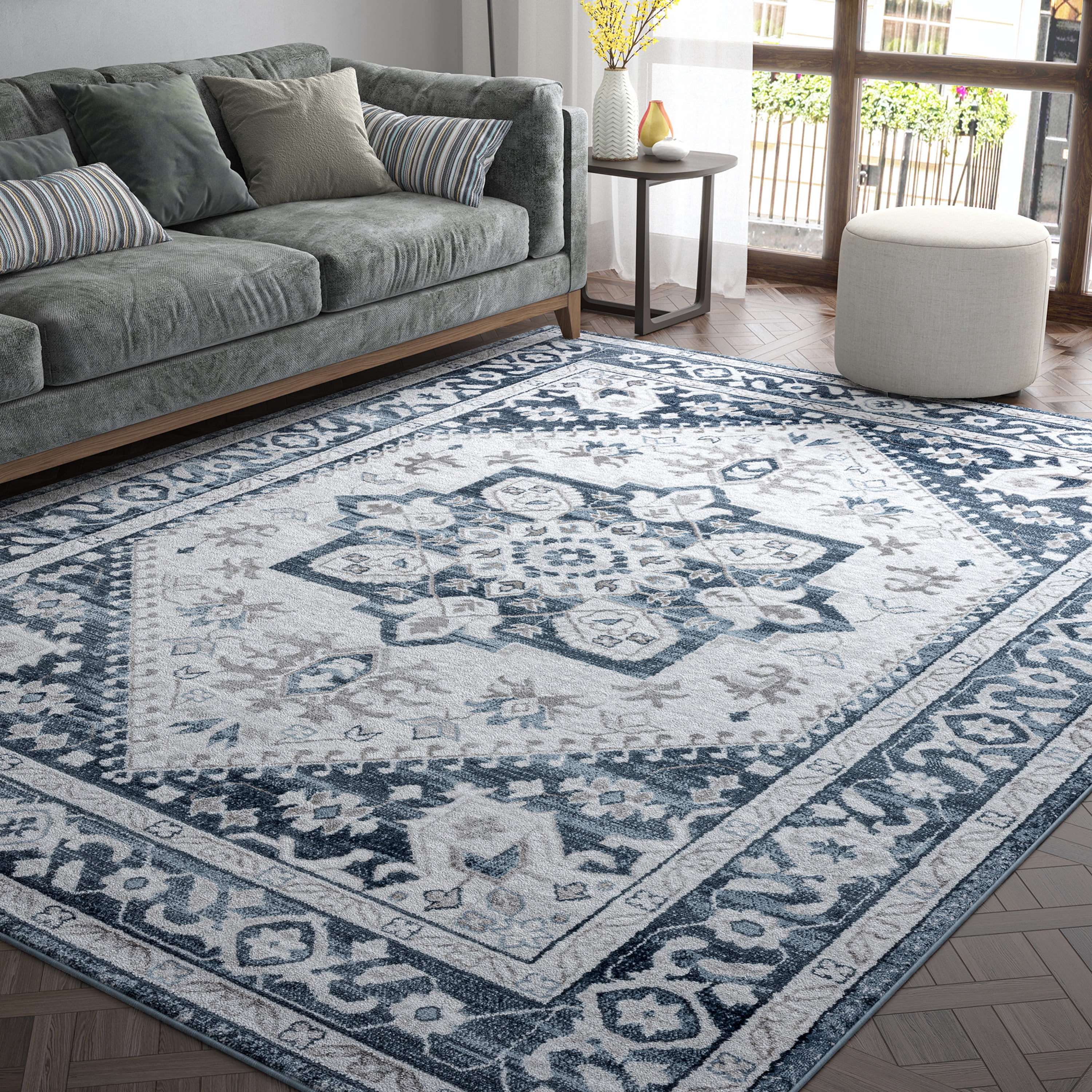 Traditional 2x8 Area Rug (2'3'' x 7'3'') Medallion Blue, White Indoor Runner Easy to Clean