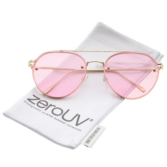 zeroUV Unisex Modern Slim Temples Brow Bar Rimless Colored Flat Lens Aviator Sunglasses 59mm (Gold / Pink) - 59mm