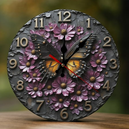Wall Clock Decorative - Vintage Purple Butterfly Print 2D Vintage Wall Clocks Battery Operated Silent Non-Ticking for Bedroom, Living Room, Kitchen, Office, Classroom, 10 Inch