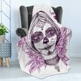 thumbnail image 4 of Day of the Dead Soft Flannel Fleece Throw Blanket, Illustration Gothic Vampire Like Face Skull Flowers Image, Cozy Plush for Indoor and Outdoor Use, 50" x 60", Violet Purple and White, by Ambesonne, 4 of 5