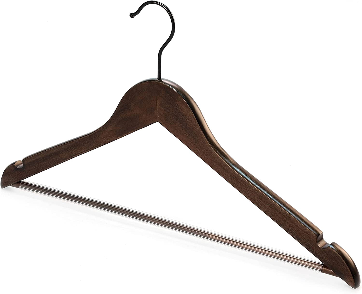 Heavy Duty Wood Coat Hangers in Smooth Retro Finish, Boutique Quality Wooden Suit Hangers with Thicker Non-Slip Rubber Pants Bar and Smoothly Cut Notches-360 °   Black Hook-18 Pack