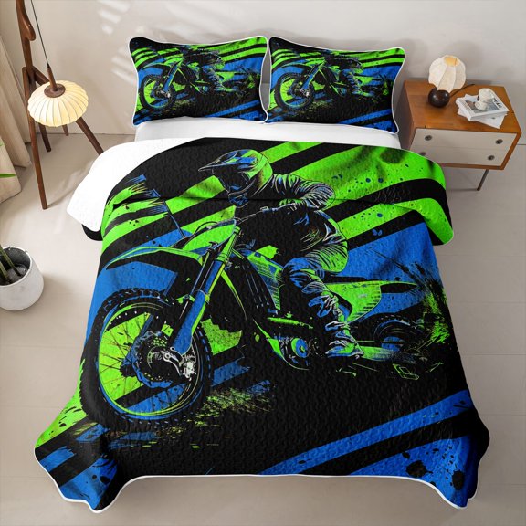 Erosebridal Neon Green Blue Motorbike Twin Quilt Set for Boys Men, Ink Splash Stripes Twin Coverlet Set, 2-Piece