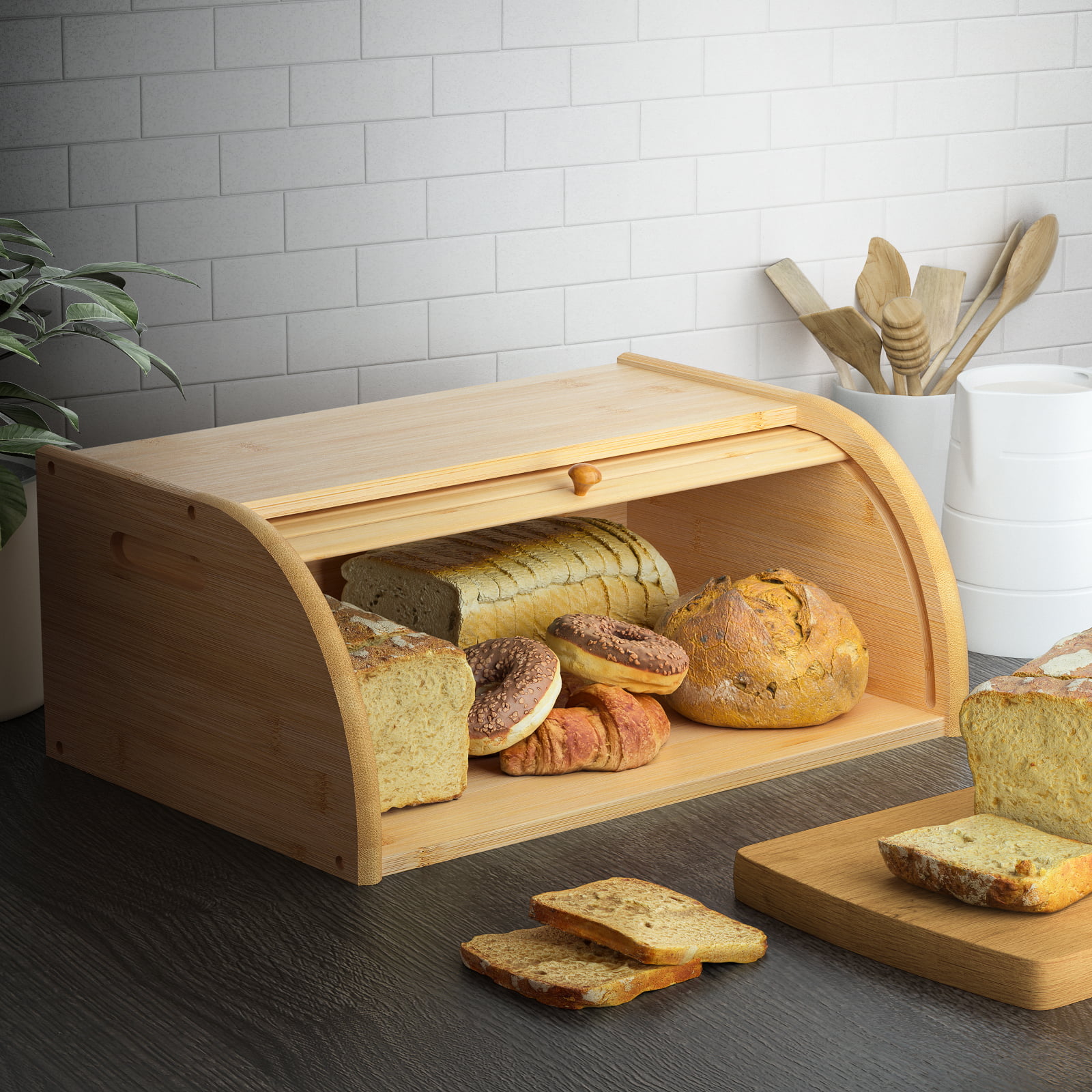 Bread Bin Wooden Bamboo Roll Top Lid Kitchen Food Storage Box Loaf